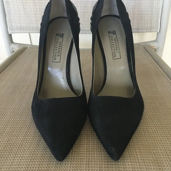 Versace Collection Black Pointed Toe Pumps w Detailed Back EUC - Picture 8 of 13